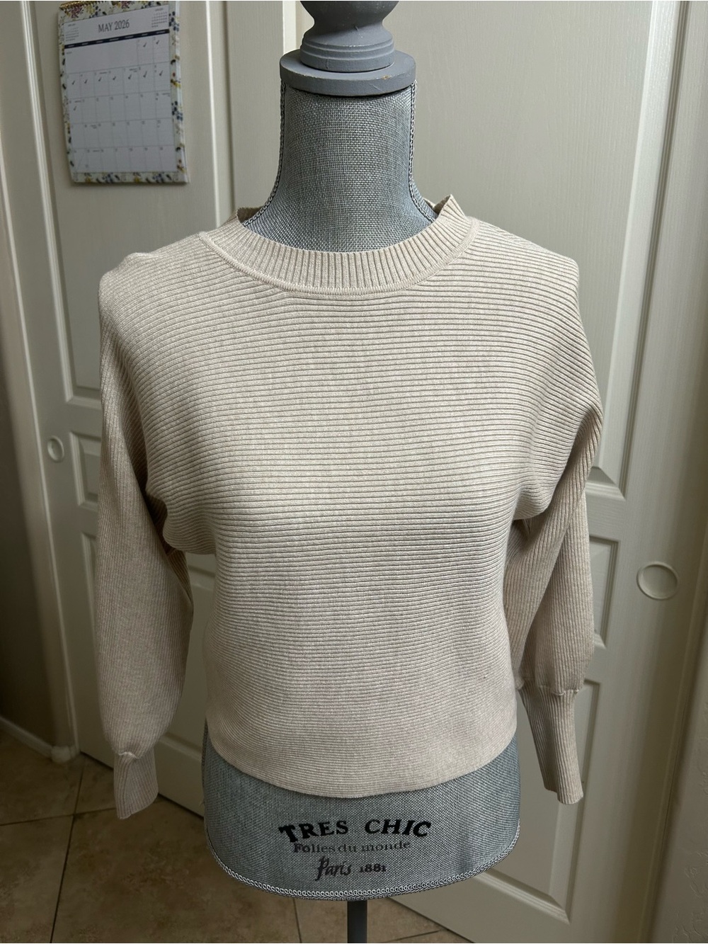 Pink Rose Cream Ribbed Crewneck Sweater